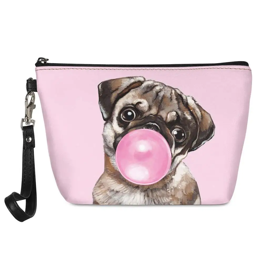 

Pink Bubble Pug Animal Wash Toiletry Bags Leather Small Travel Make Up Bags Portable Female Makeup Cosmetic Case