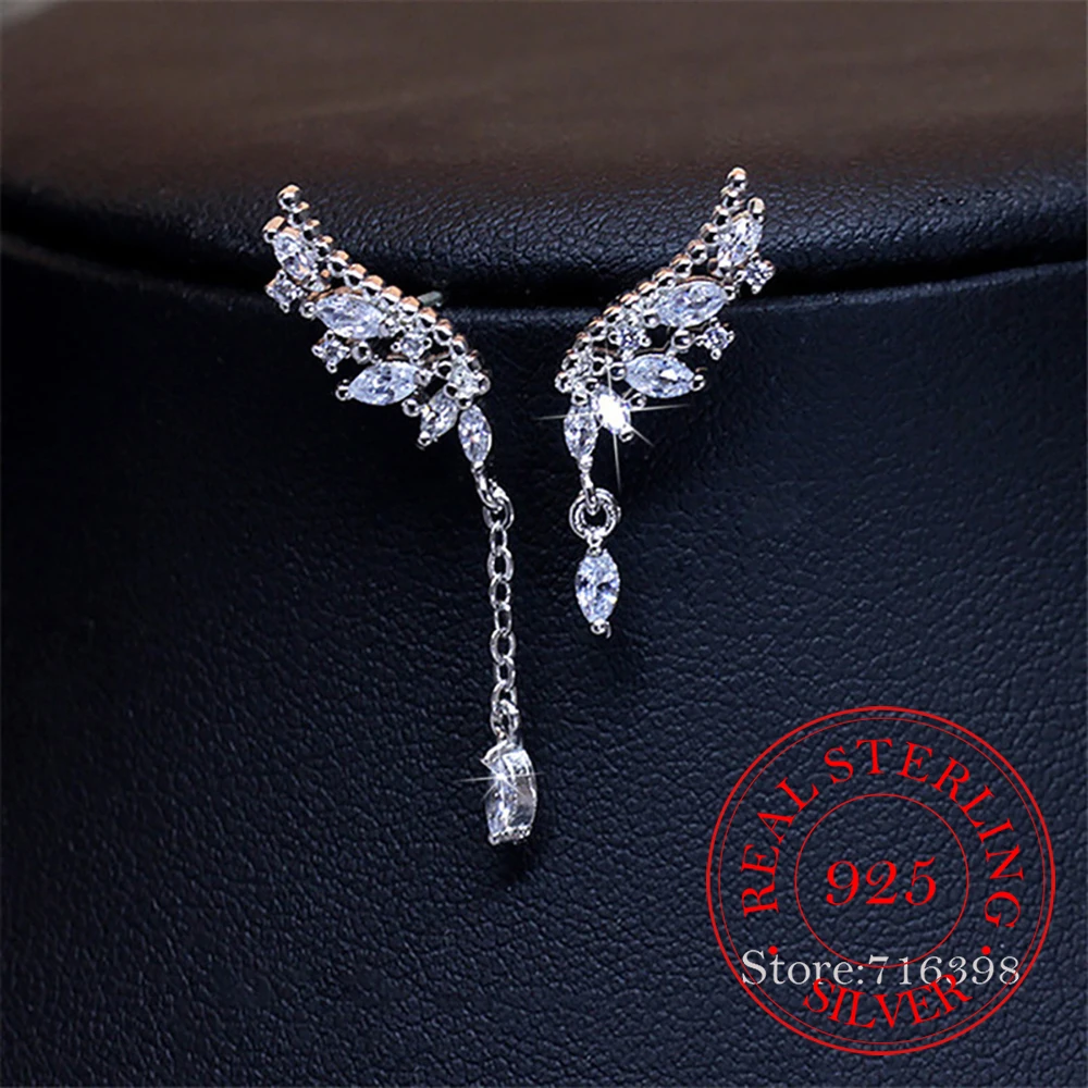 925 Sterling Silver asymetryczne kryształowe skrzydła spadek kolczyki dla kobiet moda biżuteria Lady oświadczenie kolczyki Pendiente