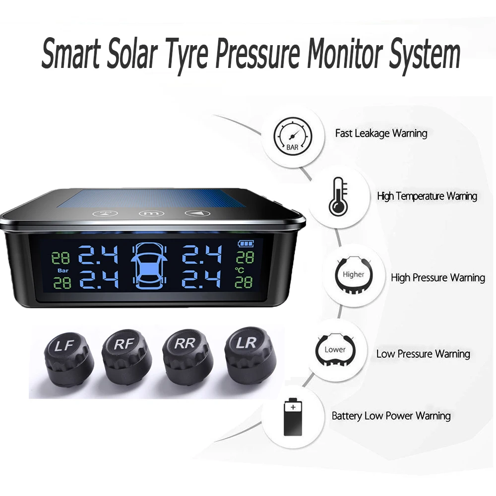 Solar Smart Car Digital Tyre Pressure Monitor System Tpms Tire Security Warning High Temperature Alert External Sensors Md55