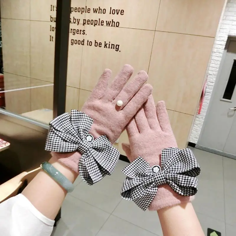 Cashmere Gloves Houndstooth Bow Pendant Ring Cashmere Gloves Fashion Korean Winter Warm Sports Touch Screen Gloves A390