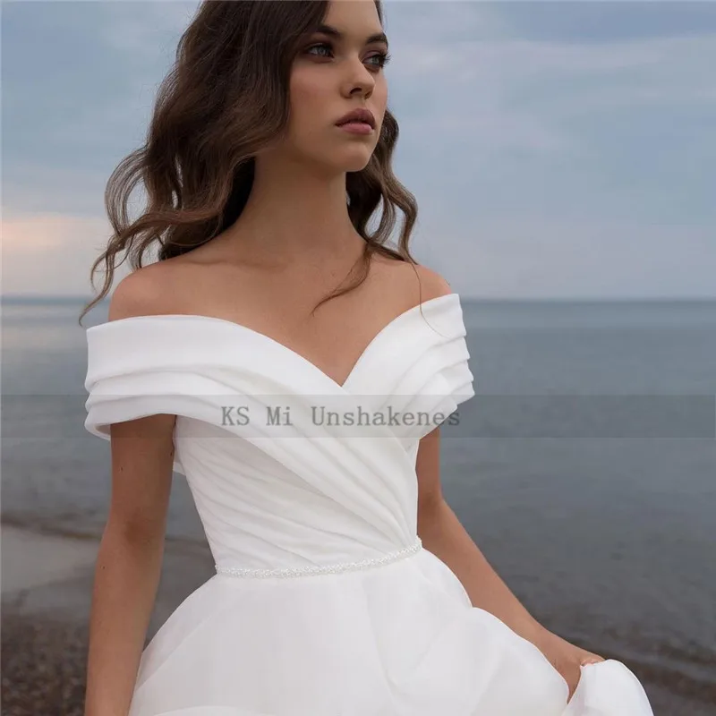 Vestido de novia blanco plisado con hombros descubiertos, traje de novia blanco sencillo con cuentas laterales, hecho a medida, costura, 2021