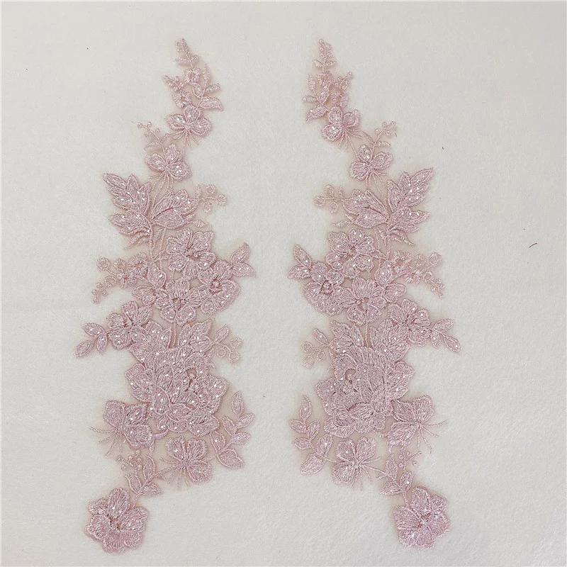 2Pcs Sequin Flower Embroidery Patches Bridal Lace Applique Sewing Fabric Red Green Golden DIY Wedding Dress 9x34cm