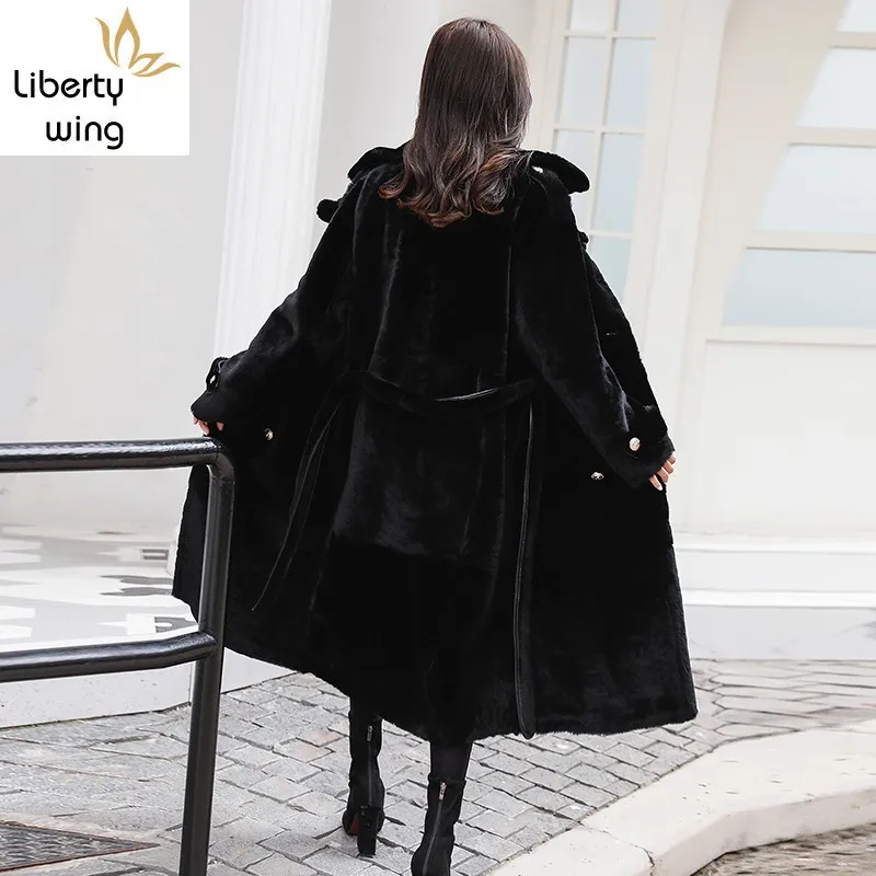 Winter Women Long Natural Shearling Ladies Belted Loose Fit Double Breasted Real Fur Coat Genuine Leather Jacket Overcoat