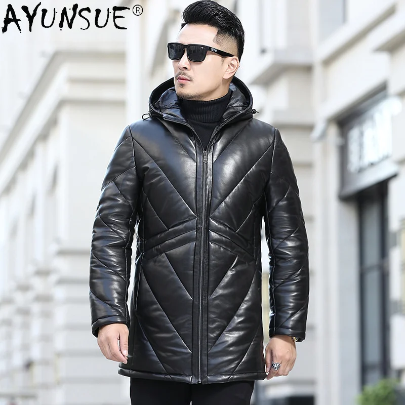 Genuine New Sheepskin Leather Jacket Men 6XL Winter Down Jackets Mens Hooded Thick Clothes Chaquetas Hombre LXR920