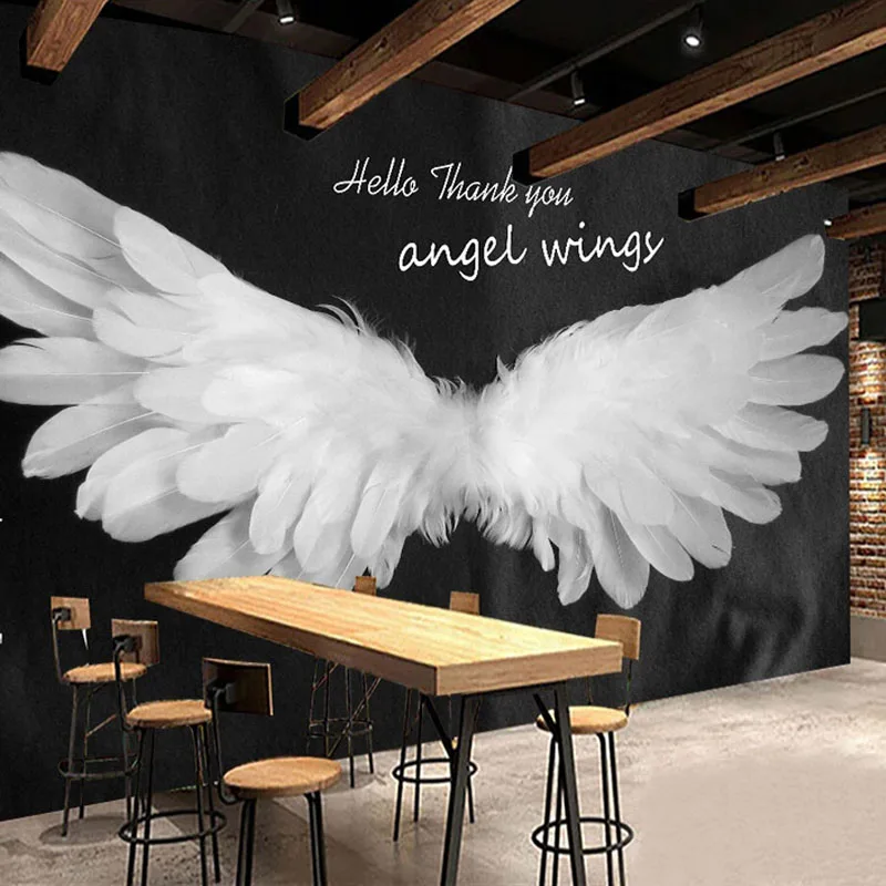 Custom Self-Adhesive Waterproof Wallpaper Modern 3D Romantic Hand-Painted Angel Wings Murals Restaurant Cafe Background Stickers