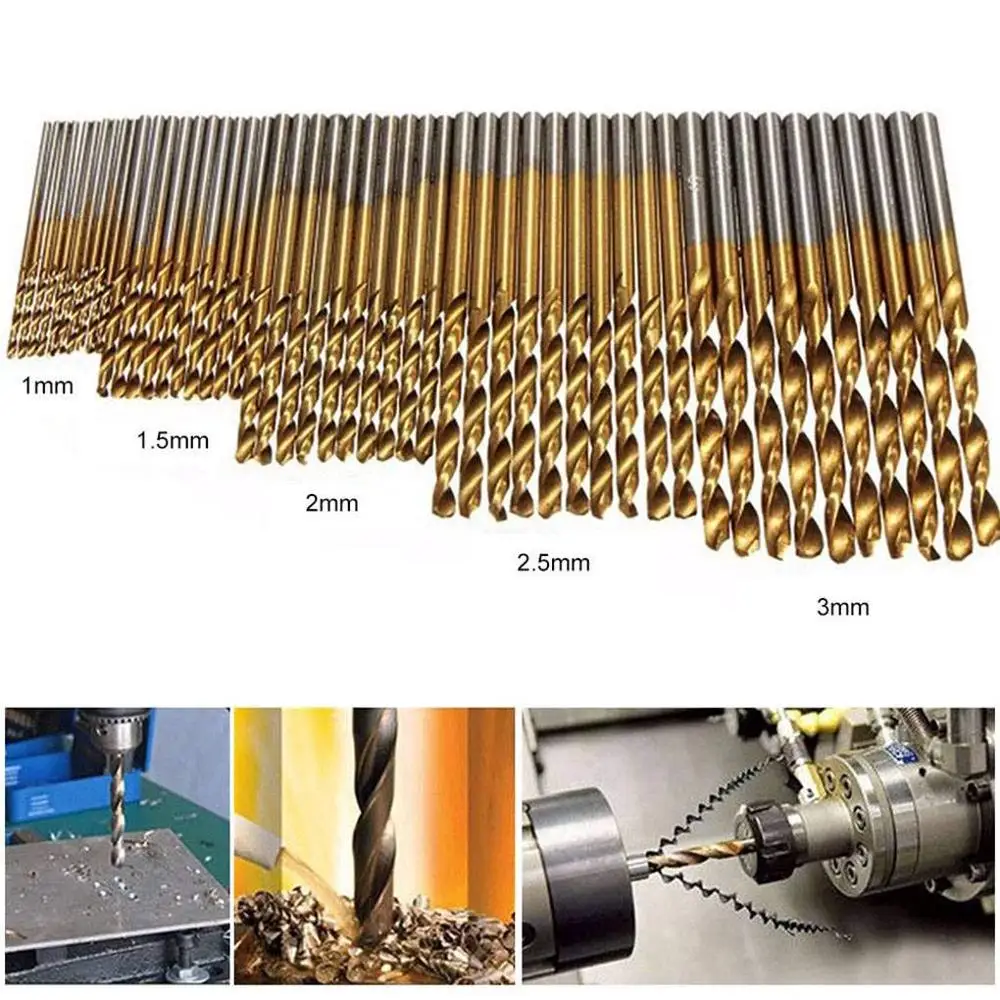 高速度鋼ドリル,チタンコーティングビット,1.0/1.5/2.0/2.5/3.0mm,50個