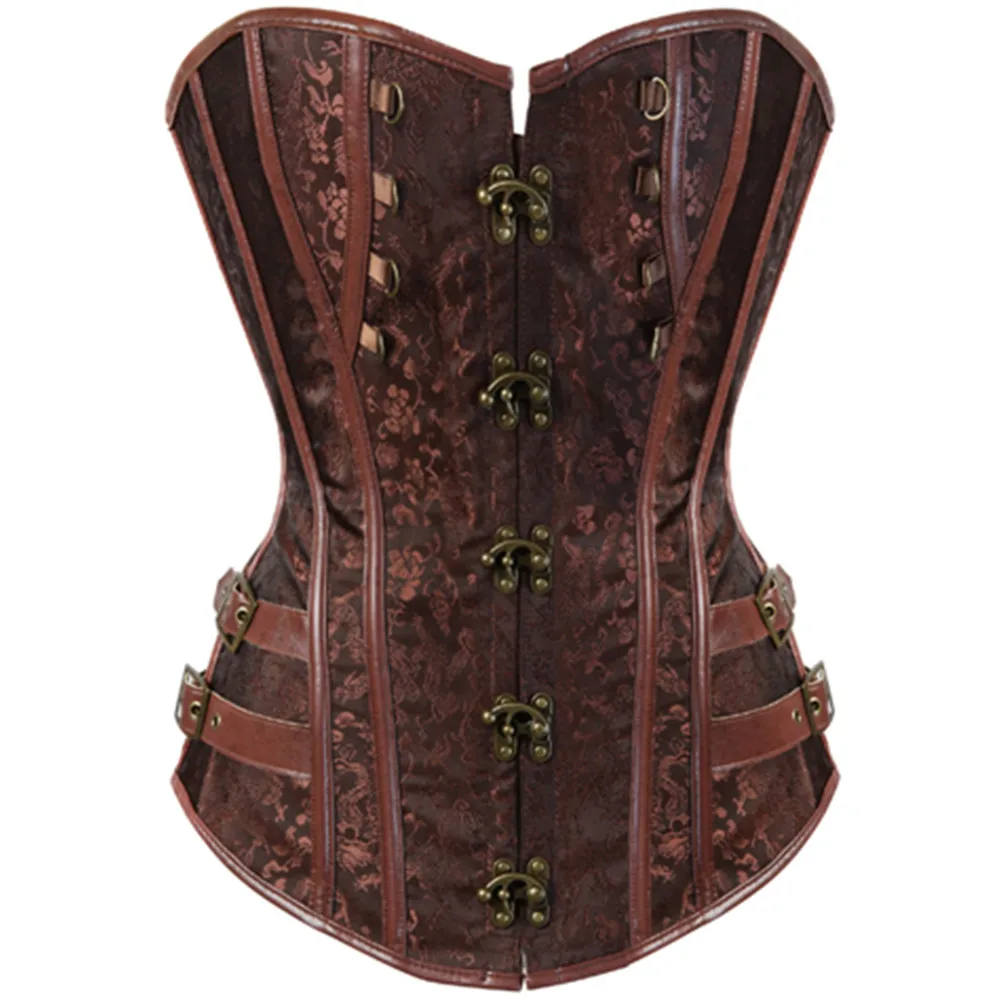 Steampunk 코르셋 Brown Black Steel Bone Overbust 코르셋 Dobby Corselets 섹시한 허리 슬림 Bustiers 허리 Cincher S-6XL