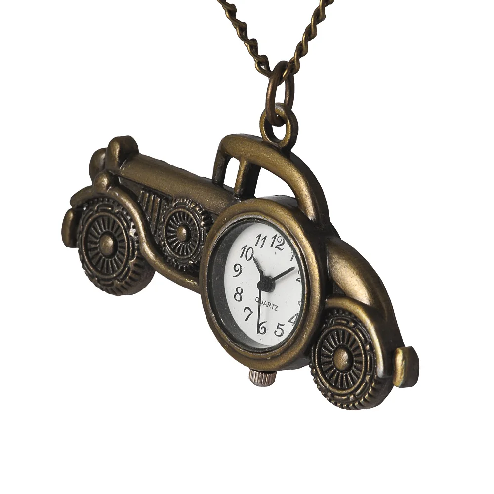 6112New Retro Zakhorloge Klassieke Auto Klassieke Nostalgische Brons Quartz Zakhorloge Met Ketting