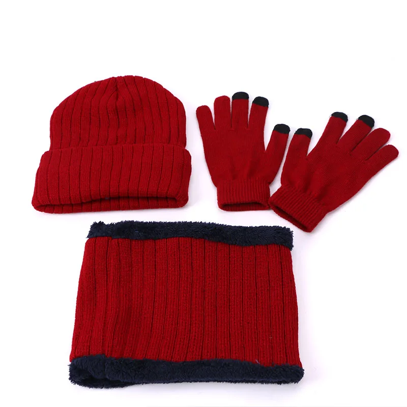 Nuovo Inverno degli uomini Caldi Cappello Sciarpa Guanti di Tocco Dello Schermo Set Berretti Cappelli Lavorati a maglia Addensare Berretto Uomini Donne Guanti Tute vestito Unisex 3Pcs