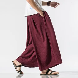 Men Linen Baggy Pants Mens Chinese Style Draped Solid Cotton Pants Man Traditional Wide Leg Pants Male Hip Hop Trousers