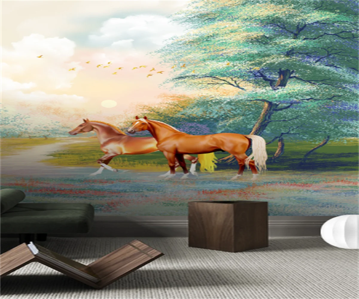 Modern hand-painted fashion forest background wall mural 3D grass horse porch wallpaper home decoration custom photo mural