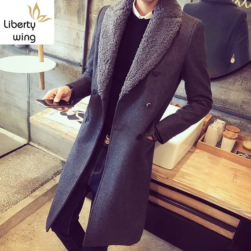 

New Mens Long Trench Winter Lapel Fur Collar Sabretudo Thicken Warm Wool Coat Slim Fit Double Breasted Homme Overcoat