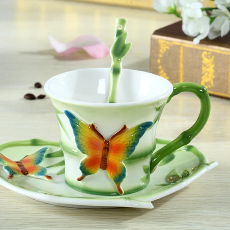 Bamboo Butterfly Coffee Mugs With Saucer Spoon 3D Cartoon Handmade Porcelain Cups Hot Breakfast Tea Water Bottle Christmas Gift