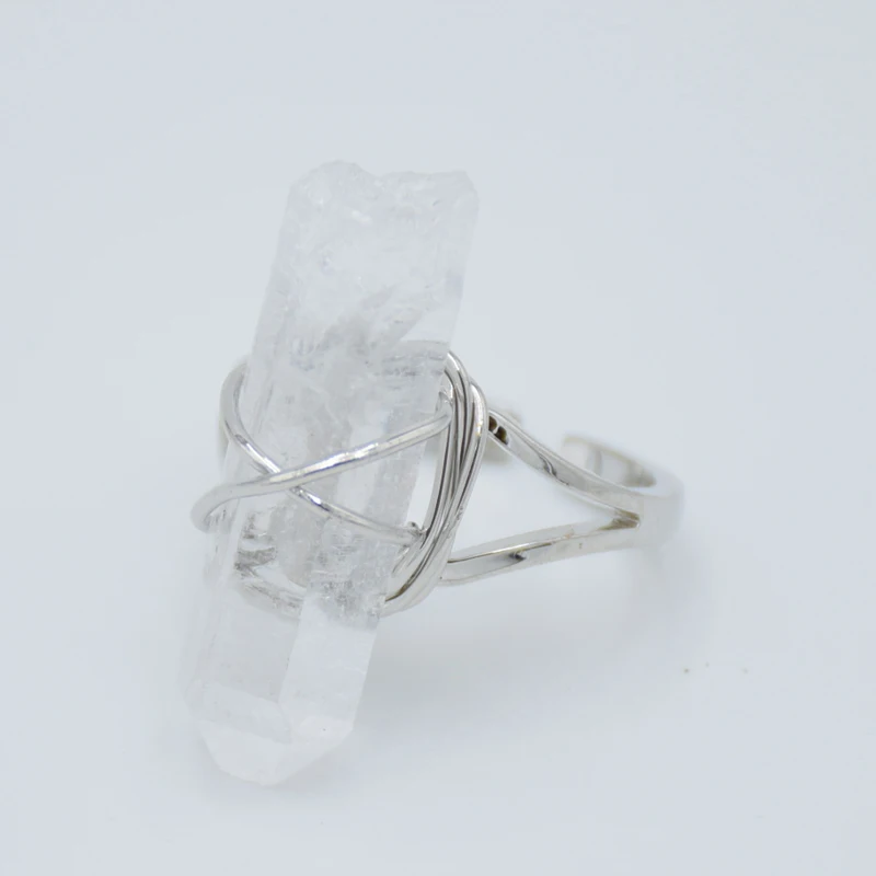 Silver Color Plated Cuff Opening Adjustable Ring Natural Clear Quartz White Crystal Stone Rings for Women Gifts Wedding Jewelry