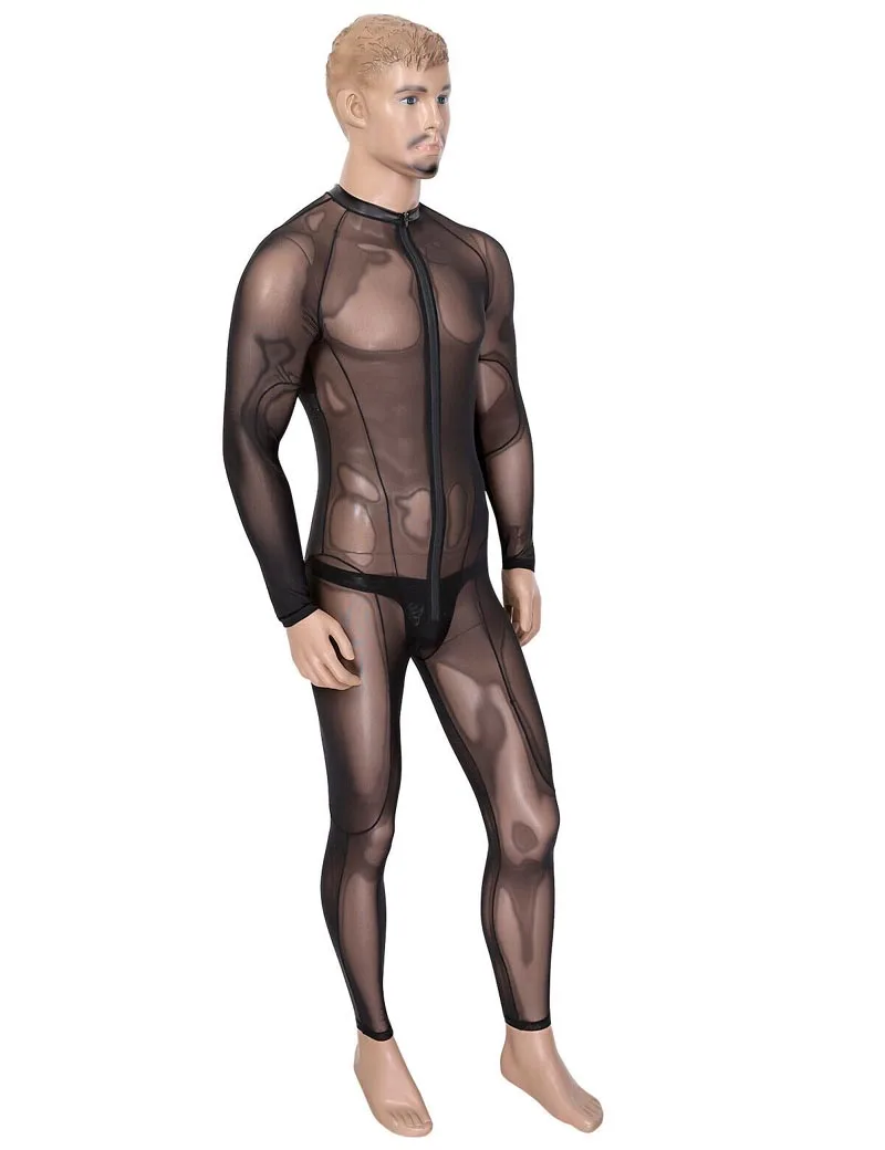 Men See Through Mesh Lingerie Skinny Full Body Bodysuit Long Sleeves Leotard Jumpsuit Muscle Fetish Wear