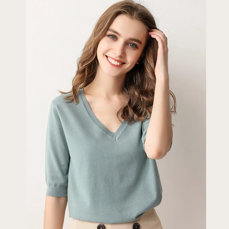 Spring summer new Short sleeve Cashmere sweater women's low collar loose v-neck knit bottoming shirt female pullover tops