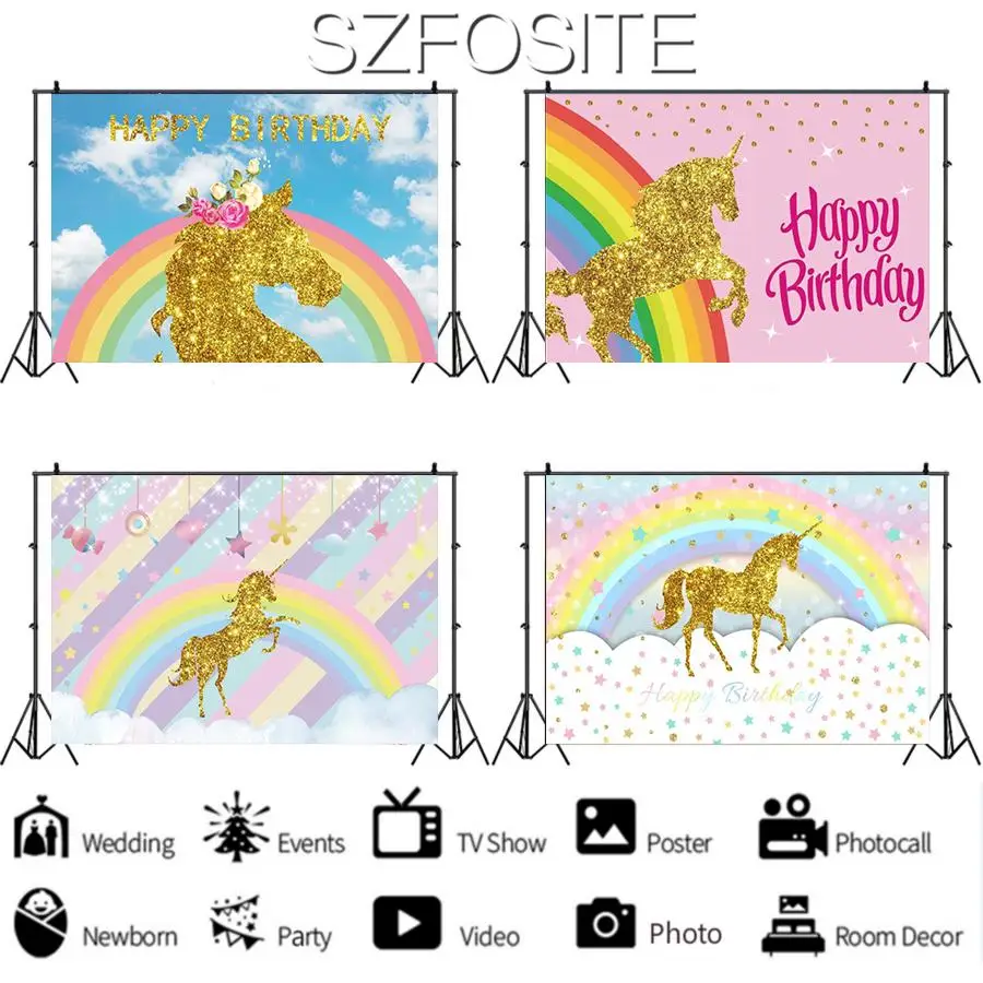 Blue Sky Rainbow Golden Unicorn Backdrop Photography Photo Girl Birthday Party Room Table Decoration Kid Custom Vinyl Background