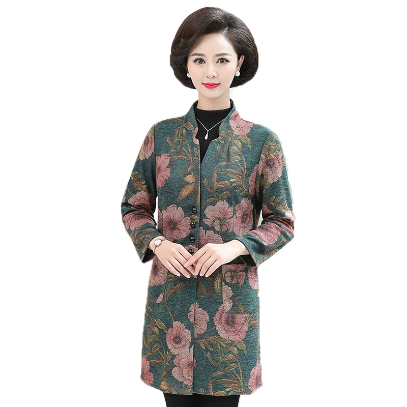 New 2023 Spring Autumn Windbreaker Middle-aged Elderly Women's Trench Coat Single-Breasted Casual Printed Outerwear   Big Size 5