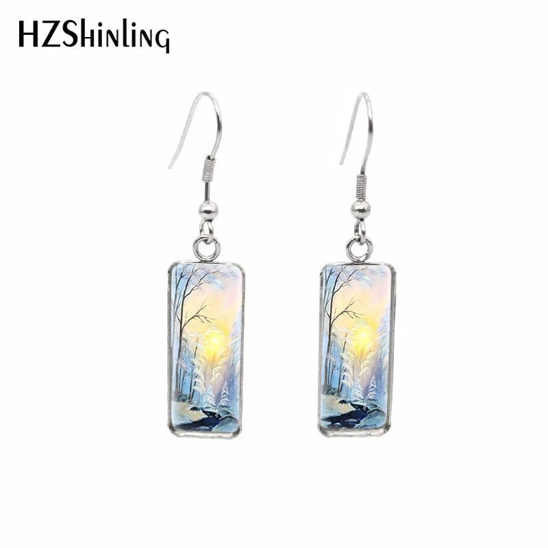 2020 New Forest Painting Earring Mysterious Trees Art Rectangular Earring Hook Earrings Glass Photo Jewelry