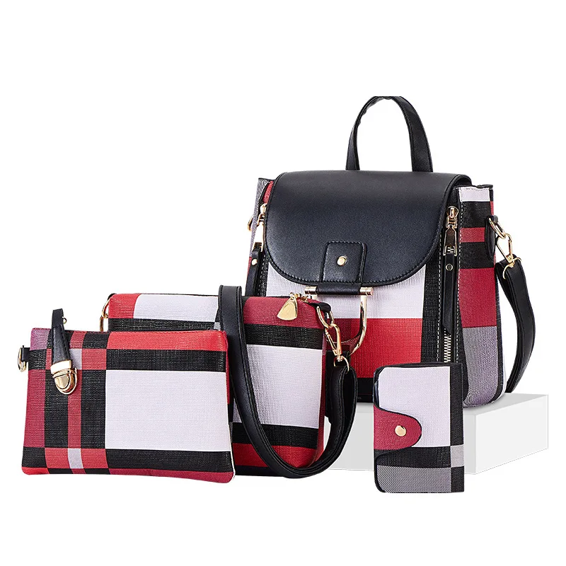 Conjunto de bolsos de gran capacidad para mujer, Mochila de Color a cuadros, bolso cruzado de hombro de cuero PU, a la moda, 4 Uds.