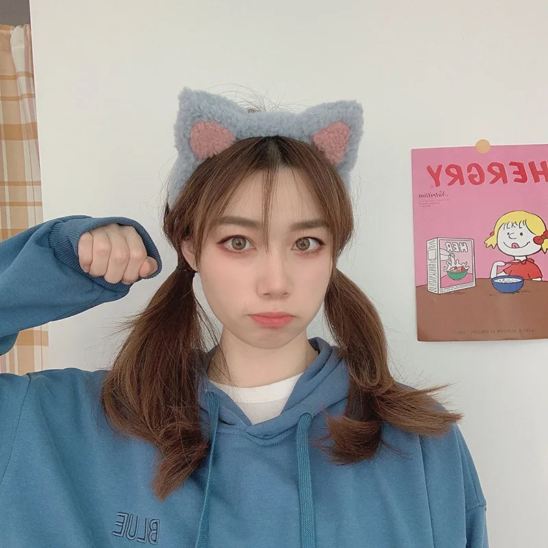 Cute Cat Ears Hairband  Women Girl Cosplay Hair Hoop Winter Soft Wool Headband Anime Party Hair Bands Face Wash Makeup Headwear