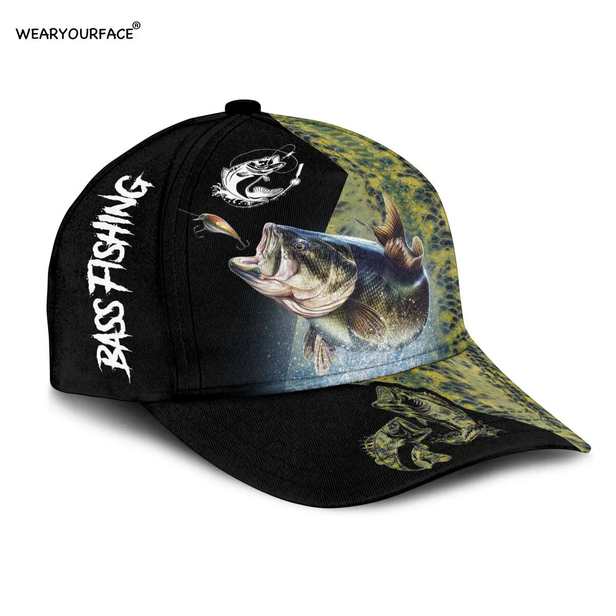 Baseball Cap Black Bear Bass Fishing Printed Snapback Hat Men Women Adult Hip Hop Headwear Outdoor Casual Funny Sun Visor Hats