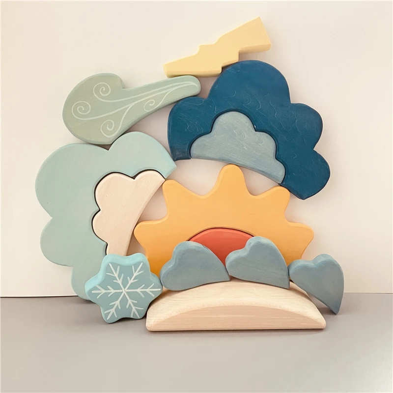 Kids Weather Blocks Stacker Nordic Wood Toys Creative Blue Cloud Snow Sun Blocks Baby Montessori Educational Toys for Children