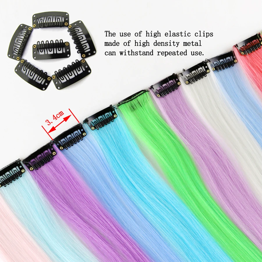 Brilho em Extensões de Cabelo Colorido para Mulheres, Grampo em Hairpieces, Festa Rainbow Grampos De Cabelo, Hairpiece Falso De Néon Sintético, 20in