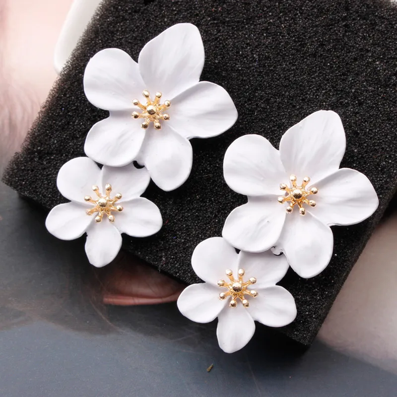Korean Big Double Flower Drop Earrings for Woman Summer Beach Party Metal Statement Ear Boho Fashion Jewelry Girl Gift