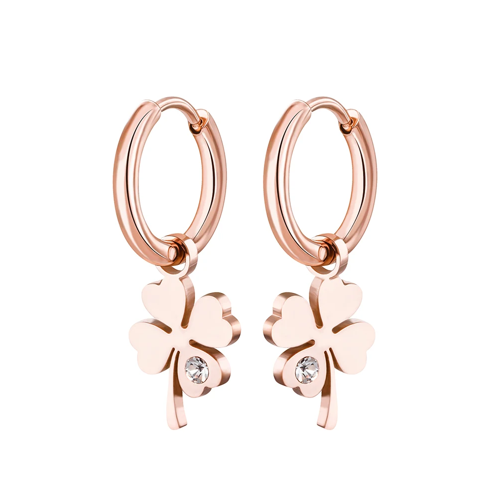 Gold Plated Stainless Steel Earrings For Woman Four Leaf Clover Hoops Earrings With Crystal Wedding Party New Fashion Jewelry