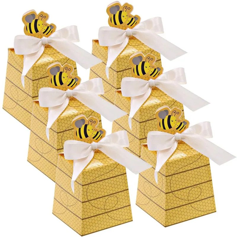 100pcs/lot Honey Bee Candy Box with Bow Tie for Baby Shower Favor Baptism Christening Birthday Gift Wedding Party Decoration