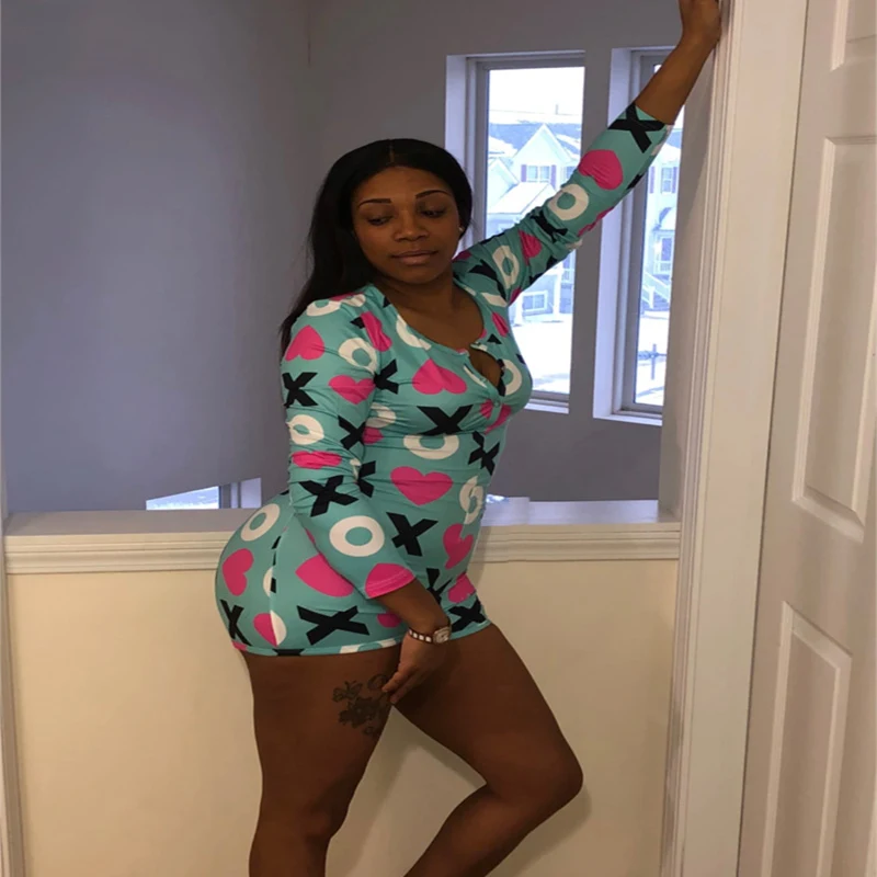 Women Casual Printed Long Sleeve Bodycon Playsuit Jumpsuit Lady Sexy Skinny Fit Stretchy Jersey Romper Leotard Sleepwear