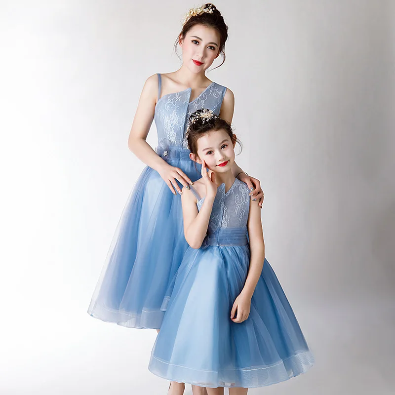 Beauty-Emily Sleeveless Flower Girl Dresses Middle Lace Party Dress Tulle Prom Gowns Zipper Back Mother Daughter Pageant Dress