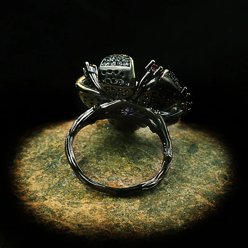 925 Stamp New Unique Purple Diamond Flower-Shaped Black Gold Ring Zircon Shiny Jewelry Elegant Party Women\'s