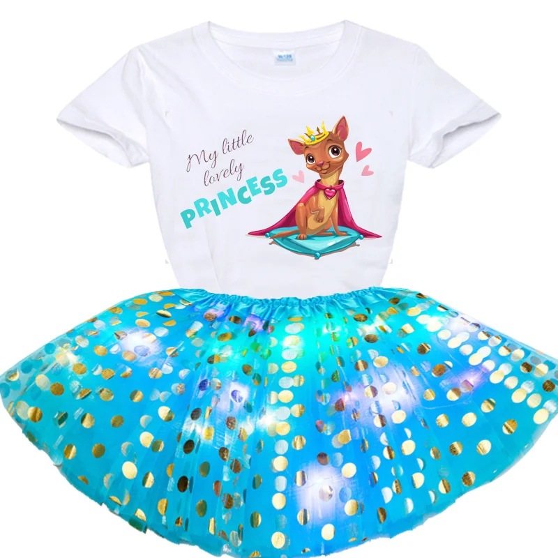 

T Shirt+Glowing Skirts Set Kids Mesh Miniskirts Girls Princess Stars Glitter Dance Ballet Tutu Sequin Party Girl Glowing Skirt