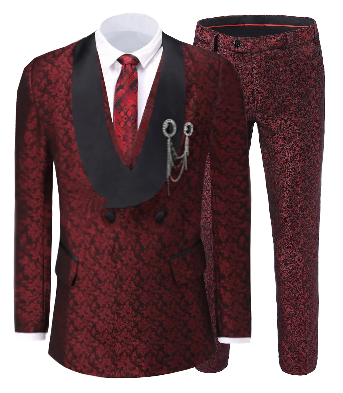 Men's Suits 3 Piece Formal Slim Fit Embroidery V Neck Groomsmen Shawl Lapel Tuxedos for Wedding Suits Men (Blazer+Vest+Pant)