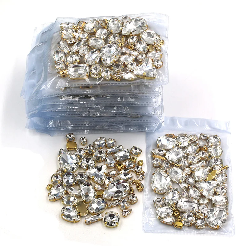 New arrival Wholesale 5 bags mixed shape sew on glass crystal White  rhinestones gold base for clothing/dress