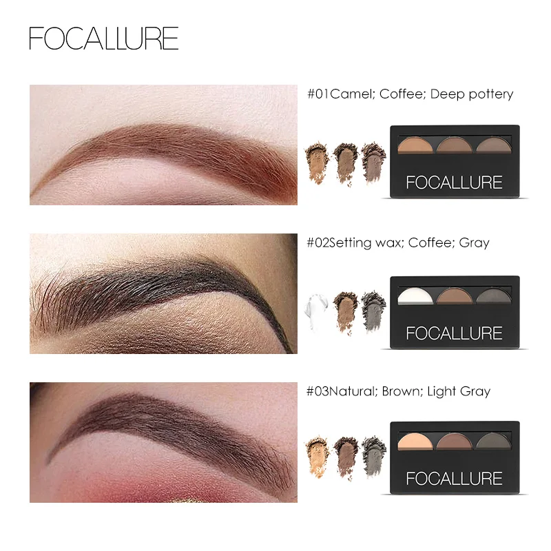 Focallure Tavolozza in polvere per sopracciglia impermeabile Tavolozza per trucco per sopracciglia marrone naturale Kit per trucco per sopracciglia a lunga durata 3 colori