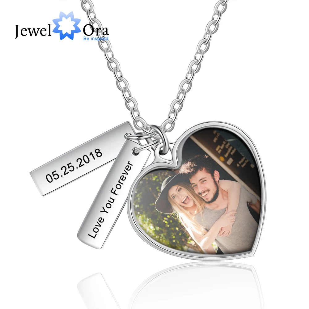 

JewelOra Personalized Photo Necklace Heart Pendant Engraved Name Tags Custom Memory Photo Stainless Steel Jewelry Gift for Women