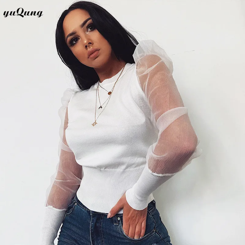 Yuqug-mulheres organza puff manga comprida camisola de malha, camisola fina, cor preta, outono 2019