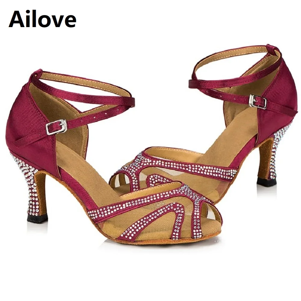 Rhinestones Ballroom Dance Shoes Women Latin Salsa Bachata Performance Dance Shoes Soft Suede Sole 4 cm-8.5 cm heels ALS003