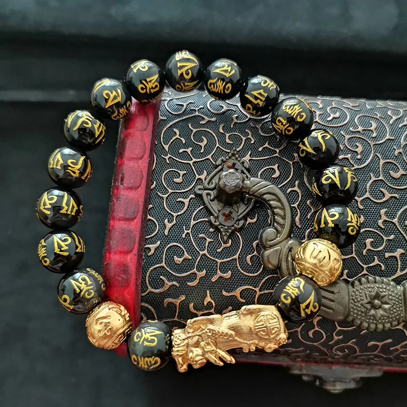 Men's Hand Bracelet Spotify Feng Shui Good Luck Natural Real Stone Beads Black Obsidian Pixiu Bracelet Women Male Golden Jewelry