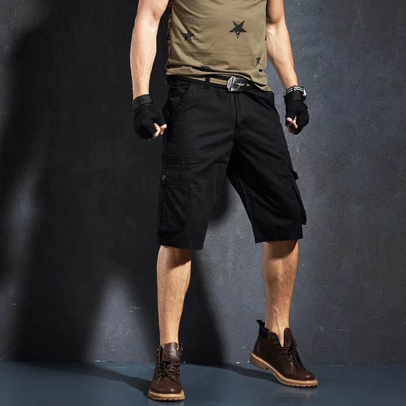 Mens Cargo Shorts Casual Shorts Fashion Pockets Solid Color Army Green Male Loose Work Shorts Plus size  (No belt)