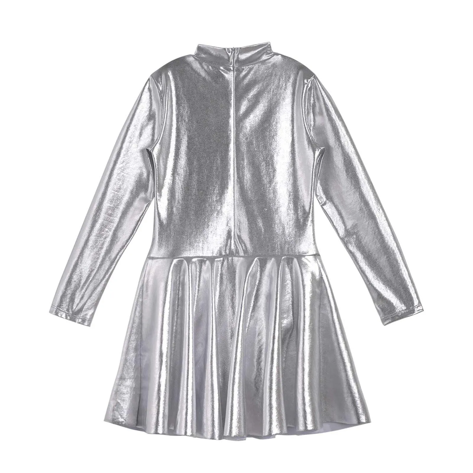 Kids Girls Shiny Metallic Long Sleeve Swing Dress Ballet Dance Ballroom Competition Jazz Hip Hop Stage Performance Costume