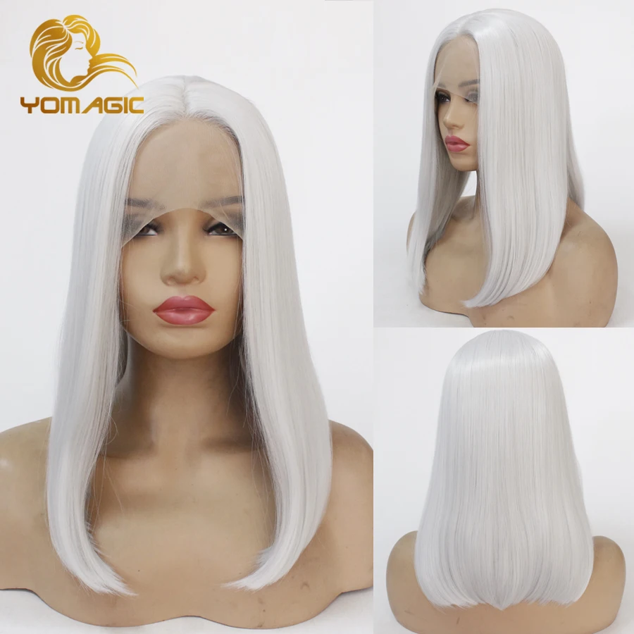 Yomagic White Color Synthetic Hair Lace Front Wigs with Baby Hair Straight Hair Short BoB Lace Wigs with Middle Part