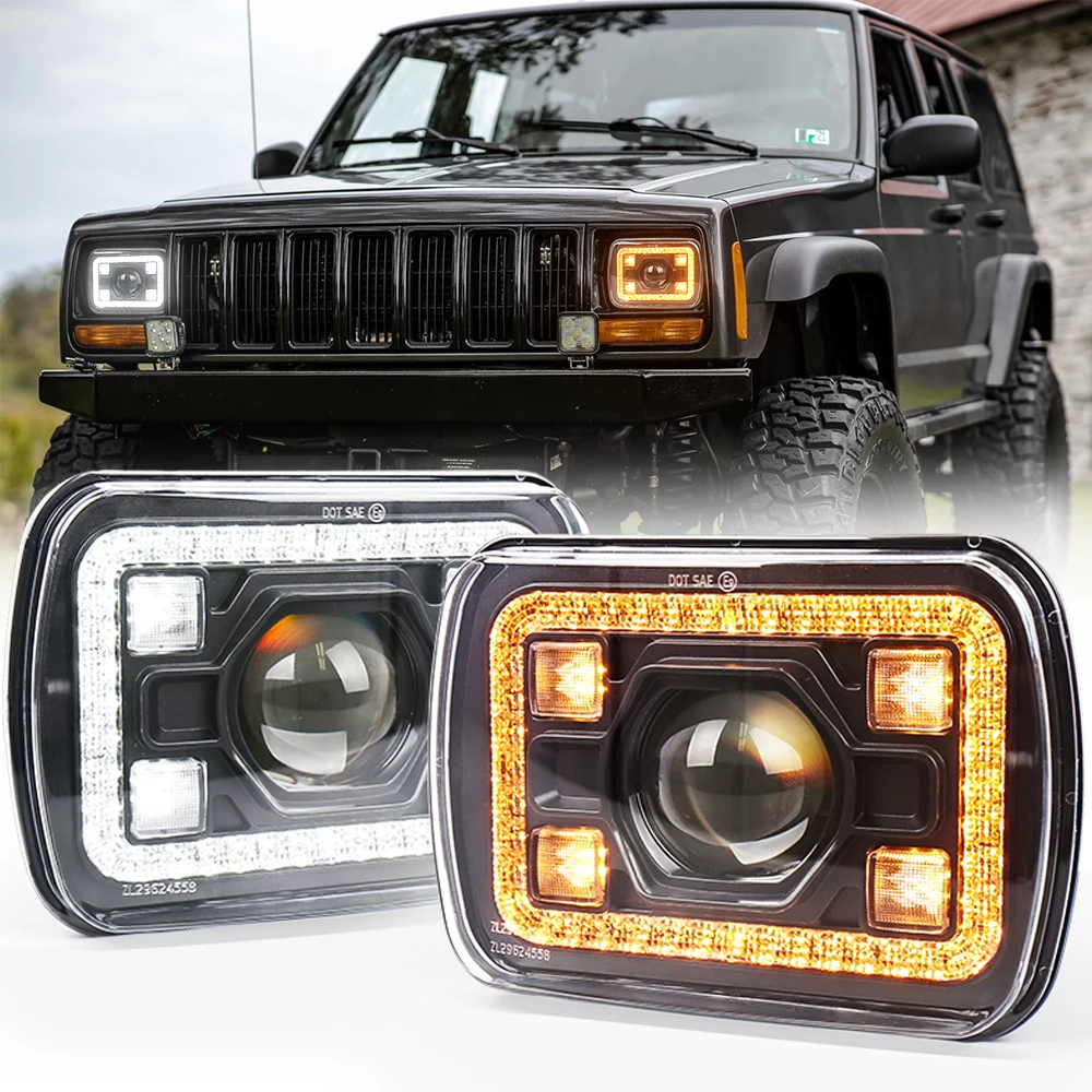 7x6 LED Headlights Assembly Turn Signal DRL Hi/Low Seal Beam Replace H6054 H5054 Headlight for Jeep-Cherokee XJ -Wrangler YJ GMC