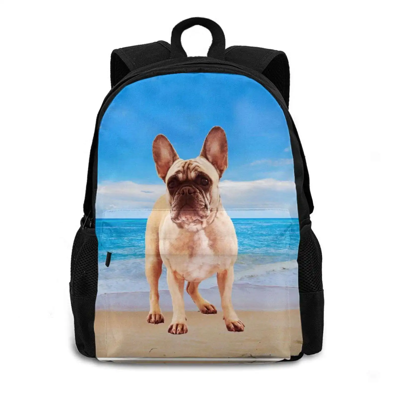 French Bulldog On Tropical Beach School Bags Travel Laptop Backpack Frenchie Animal Pet Doggie French Bulldog Lovers Nature Sea