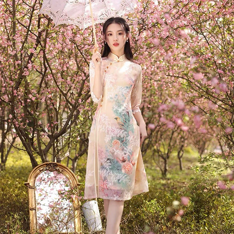 Phương Đông Áo Người Phụ Nữ Thanh Lịch Trung Quốc Qipao Sườn Xám Châu Á Đầm Hiện Đại Năm 2022 Truyền Thống Đầm Ren Hoa Vintage Đảng