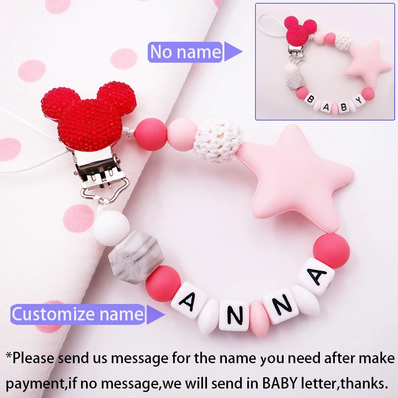 Mouse Head Style Handmade Personalized Name Pacifier Clips Silicone Attache Tetine Personnalise Infant Chupetero Personalizado