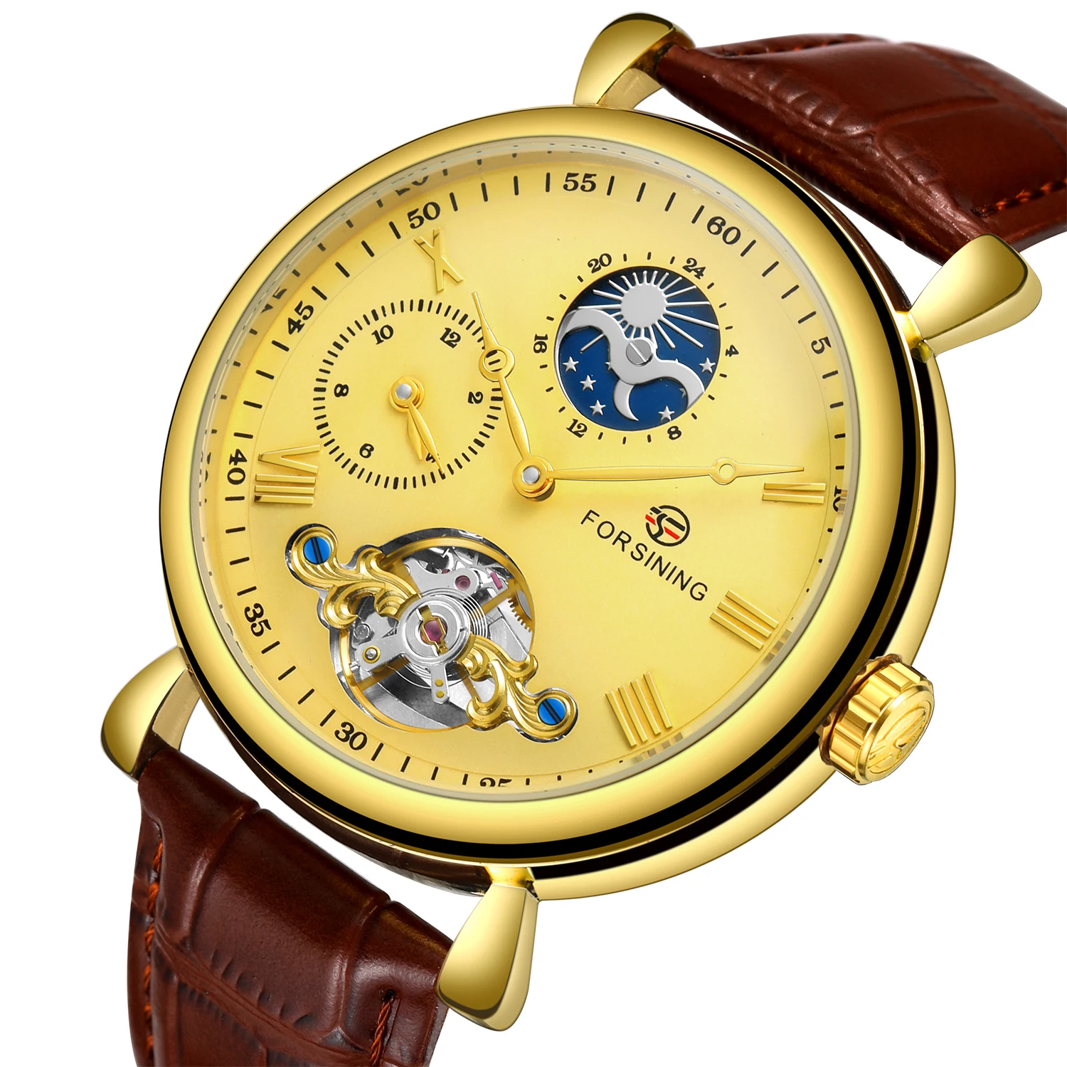 Forsining watches men personality leisure hollow moon phase flywheel automatic mechanical skin with mechanical watches